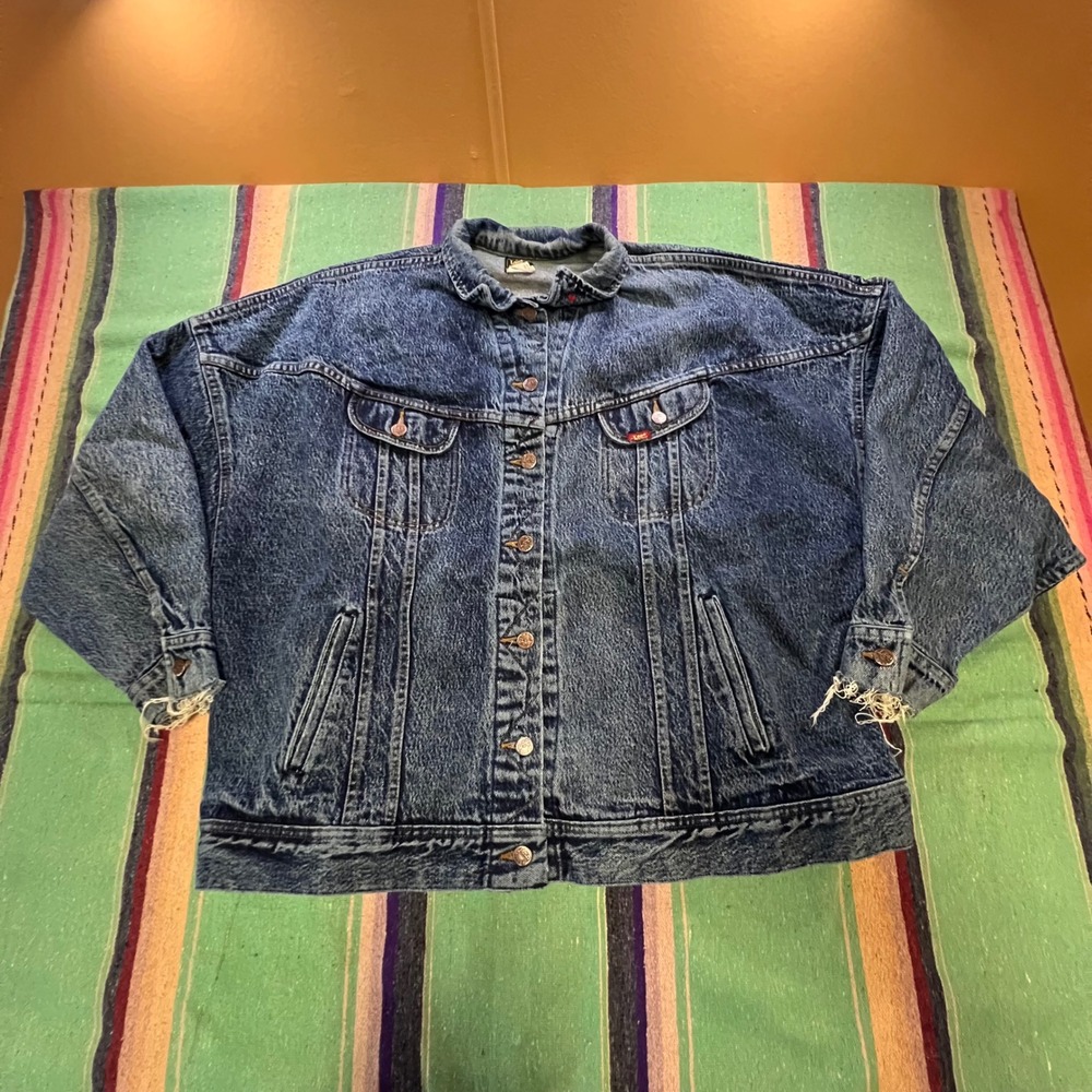 Vintage 1960s Lee Denim Jacket Womens 13 L Blue Acid Wash Distressed Trucker